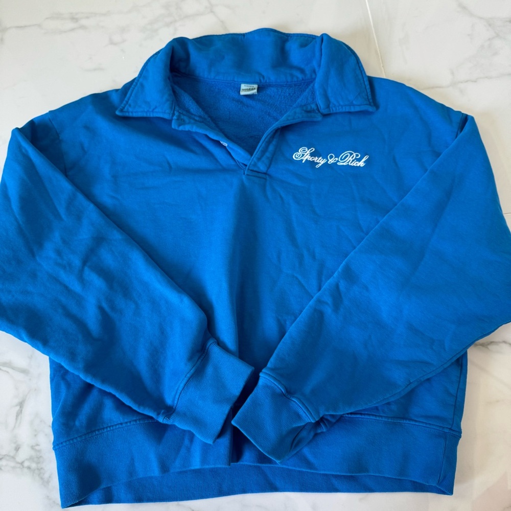 sporty & rich blue crewneck cursive logo embroidered women’s polo nwot